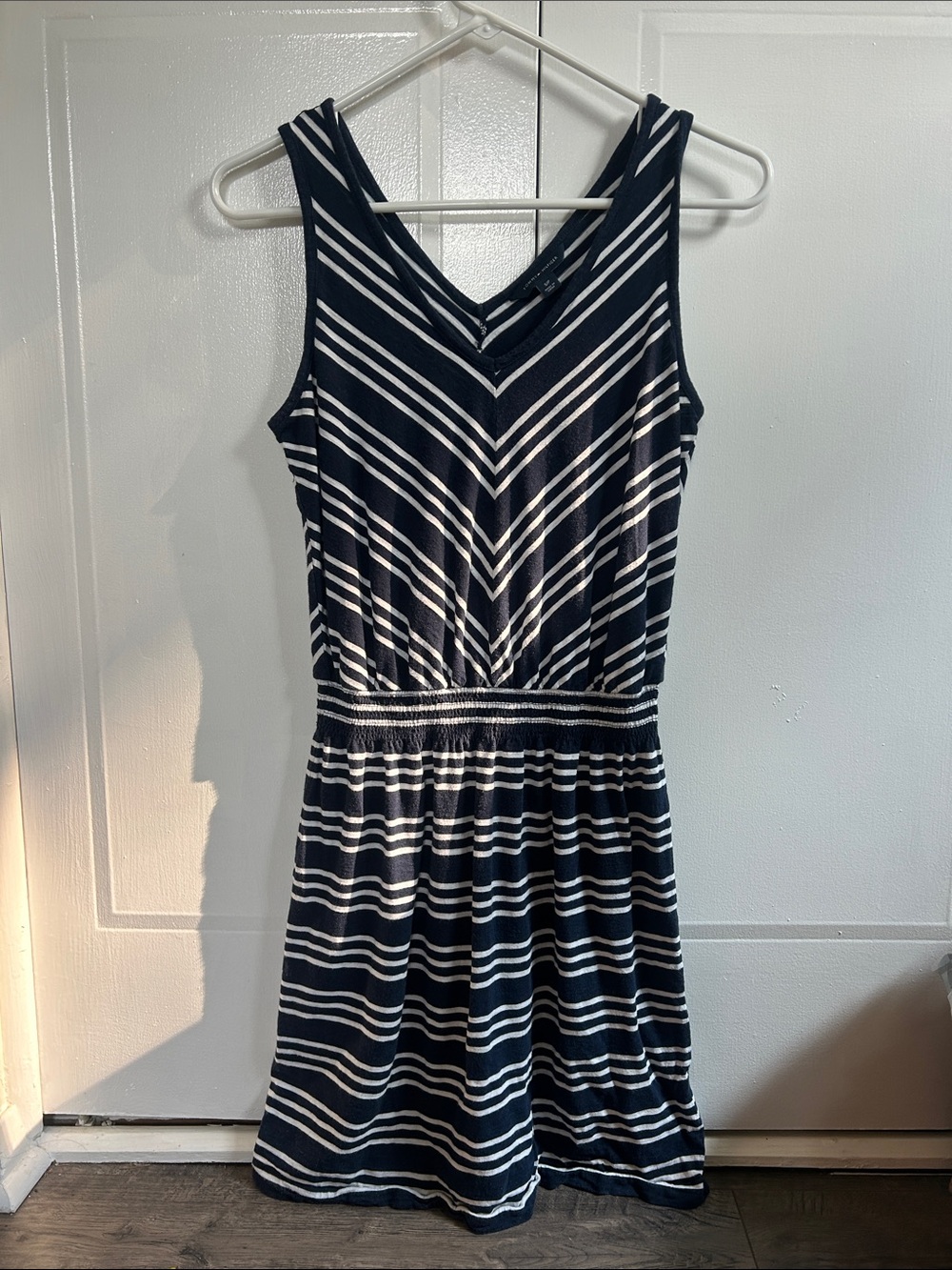 Tommy Hilfiger Navy and White Striped V-Neck Mini Dress